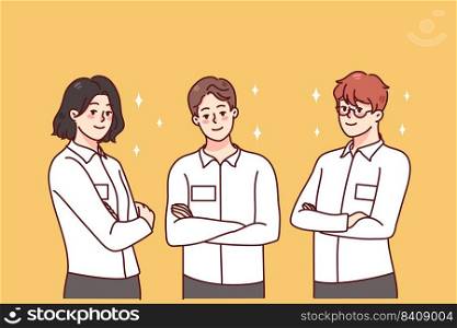 Portrait of businesspeople in uniform with badges showing confidence and professionalism. Workers in white shirts with IDs at workplace. Employment concept. Vector illustration.. Businesspeople with ID badges posing