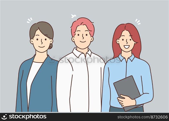 Portrait of businesspeople posing together showing unity and leadership. Male boss lead office team. Smiling successful employees team. Vector illustration. . Businesspeople team portrait 