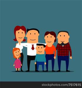 Portrait of cartoon extended family with happy smiling father and mother, cute daughter, son and grandparents. Great for family, parenthood and marriage themes design usage. Happy multigenerational family cartoon portrait