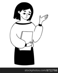 Portrait of cute girl with pointing hand gesture and papers. Vector illustration. Linear hand drawn doodle. Modern business woman character