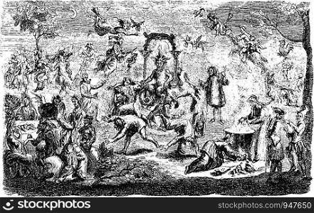Portrait of demons showing spirits, witches, demons, hell, trades, characters and beings, vintage engraved line art illustration. Infernal Dictionary 1863.