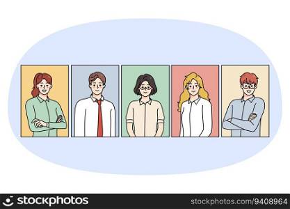 Portrait of diverse multiethnic employees or workers. Professional multiracial business group posing. Employment and recruitment. Vector illustration.. Portraits of diverse employees posing