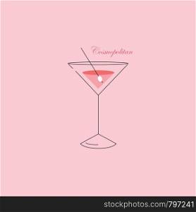 Portrait of elegant party glassware filled with the cocktail over a pink background with the wording COSMOPOLITAN vector color drawing or illustration