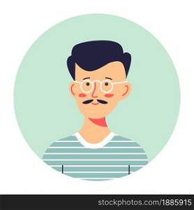 Portrait of fashionable male character, isolated circle photo of teenager wearing glasses. Hipster with mustache, friendly personage in stylish clothes. Model or student of university vector in flat. Fashionable teenage boy with mustache, teenager male character portrait