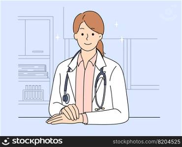 Portrait of female doctor in white medical uniform posing in clinic. Smiling woman nurse or GP in private or public hospital. Medicine and healthcare. Vector illustration.. Female doctor in white uniform