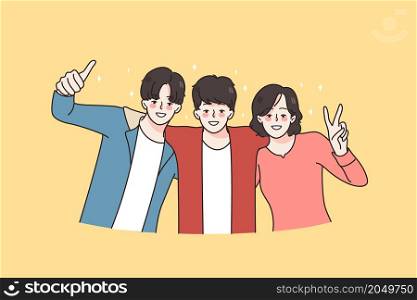 Portrait of happy diverse best friends hug stand together for picture. Smiling young people feel cheerful. Youth or student community. Friendship concept. Vector illustration, cartoon character. . Happy diverse best friends hug stand together