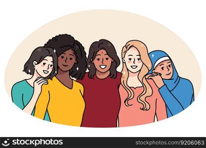 Portrait of happy diverse multiethnic girlfriends hug show unity and care. Smiling multicultural women friends demonstrate diversity. International friendship and equality. Vector illustration.. Smiling multiethnic girlfriends feel connected and united