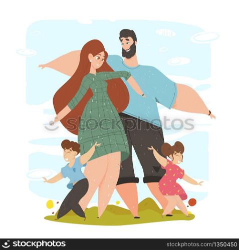Portrait of Happy Family with Kids Spend Weekend Outdoors Together in Park or Nature. Young Friendly Mother, Father and Little Children Boy and Girl Dancing or Playing Cartoon Flat Vector Illustration. Portrait of Happy Family with Kids Spend Weekend