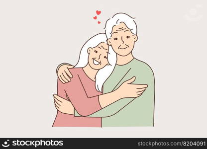 Portrait of happy mature couple hugging showing love and care. Smiling elderly man and woman embracing and cuddling. Old people relationships. Vector illustration. . Happy elderly couple hugging