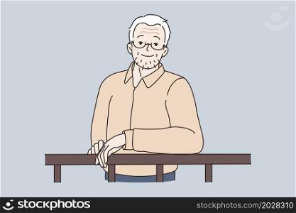 Portrait of happy mature man concept. Smiling unshaven grey haired mature elderly man standing having bristle on face looking at camera vector illustration. Portrait of happy mature man concept.