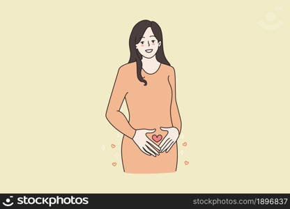 Portrait of happy pregnant woman with heart painted on belly excited to be expecting baby. Smiling female take care of women health. Pregnancy, ivf treatment concept. Flat vector illustration. . Smiling pregnant woman keep hands on belly