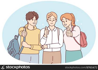 Portrait of happy students with backpack posing together showing thumbs up for good education. Smiling youth recommend college or university. Vector illustration.. Smiling students show thumbs up