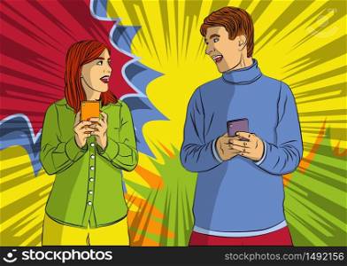 Portrait of happy young caucasian positive excited man and woman using mobile phone. Comic book style, cartoon vector illustration.