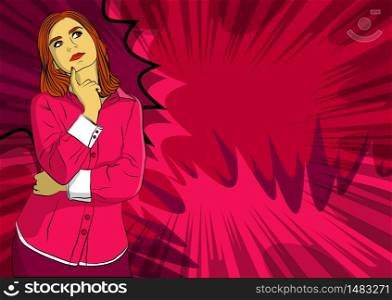 Portrait of happy young positive woman holding finger front of her jaw, thinking. Caucasian girl mulling. Comic book style, cartoon vector illustration.