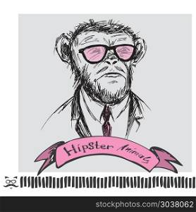 Portrait of Hipster isolated on background. Hand Drawn Fashion Portrait of Monkey Hipster isolated on background. Portrait of Hipster isolated on background