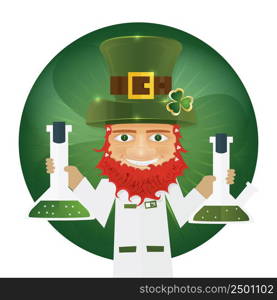 Portrait of Leprechaun Scientist holding flask in hands. Irish man with clover leaf and hat. St. Patrick&rsquo;s Day design with copy space. Vector illustration.