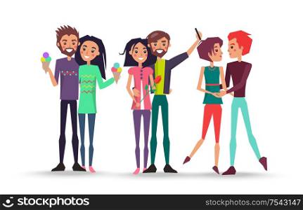 Portrait of lovely young couples on white background vector illustration. Smiling girls and boys holds ice cream, makes selfie, admire each other. Portrait of Three Lovely Young Couples on White
