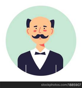 Portrait of male character with mustache, isolated circle banner with man of middle age. Butler worker wearing official suit with bow tie. Wrinkled personage in thoughts, brunette vector in flat. Senior character portrait, butler in official suit or uniform