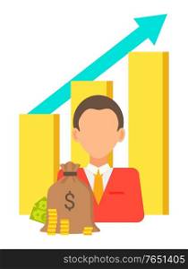 Portrait of male person and bag with money, stack of coins and growing graphs and charts. Vector bank clerk worker, profitable statistical analytic logo. Portrait of Male Person and Bag with Money Coins