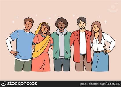 Portrait of multicultural young people stand pose together hugging show international friendship and unity. Smiling diverse multiethnic friends enjoy time together. Diversity. Vector illustration. . Multicultural smiling friends pose hug together