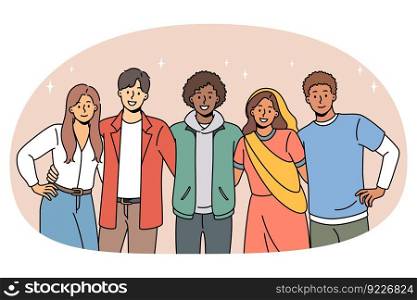 Portrait of multicultural young people stand pose together hugging show international friendship and unity. Smiling diverse multiethnic friends enjoy time together. Diversity. Vector illustration.. Multicultural smiling friends pose hug together