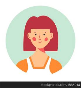 Portrait of redhead female character with smile on face, isolated lady photo for social media or work profile. Student of university or school, trendy personage with hairstyle. Vector in flat. Modest female character portrait, redhead girl circle photo