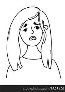 Portrait of sad depressed girl. Female character in doodle cartoon style. Vector outline drawing. Female emotional character portrait for use as icons, avatars for social networks, design