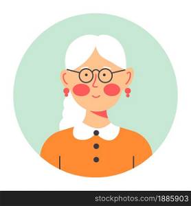 Portrait of senior lady, isolated grandmother wearing modest earrings and classes for sight. Friendly female character, circle banner. Pensive personage, woman with grey hair, vector in flat. Grandmother portrait in circle, senior lady wearing glasses