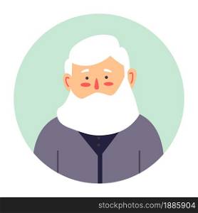 Portrait of senior male character with long beard. Isolated icon of bearded personage with blush on cheeks. Aged man, grandpa looking straight. Hipster or old pensioner, vector in flat style. Grandfather portrait, senior male character with beard vector