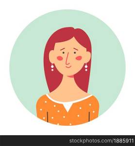 Portrait of shy girl, isolated photograph in circle. Young lady with blush on cheeks wearing stylish earrings. Modest female character with red hair and fashionable outfit, vector in flat style. Teenage girl with blush on cheeks, portrait of girl