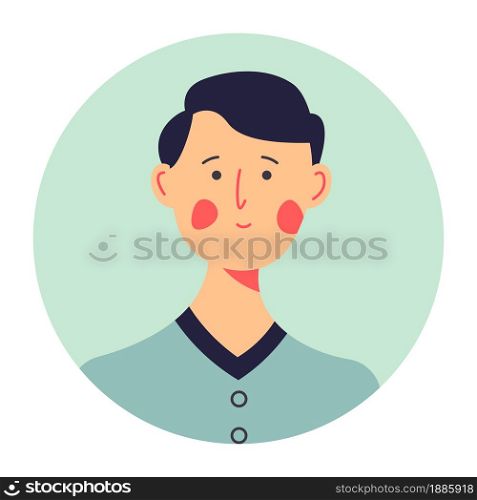 Portrait of shy teenager in format clothing, isolated circle icon of personage with blush on cheeks. Student of school, college or university. Unsure brunette face, relaxed guy photo, vector. Timid teenage boy wearing formal clothes, portrait of teenager