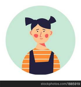 Portrait of small kid with ponytails, isolated circle with girl. Schoolgirl wearing uniform, youth and students. Infancy and childhood photo of child. Daughter or friend image vector in flat. Small girl with ponytails portrait of kid vector