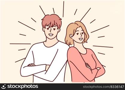 Portrait of smiling couple posing together feeling positive and optimistic. Happy man and woman show leadership and success. Vector illustration. . Smiling couple posing together
