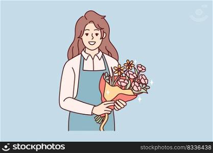 Portrait of smiling female florist in apron holding beautiful floral bouquet. Happy woman with flowers in hands working in botanical shop. Vector illustration. . Smiling female florist with bouquet 