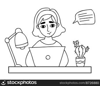Portrait of smiling girl at laptop. Nearby is an online text message, correspondence, table l&and cactus flowerpot. Vector illustration. linear hand drawn doodle