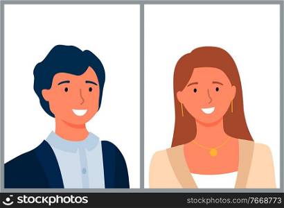 Portrait of smiling man and woman, best workers of month or year. Vector cartoon people, online consultants or executive managers, male and female characters. Portrait of Smiling Man Woman, Best Workers Vector
