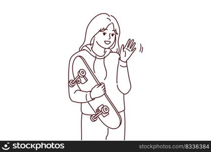 Portrait of smiling millennial girl with skateboard posing outdoors. Happy young woman with board enjoy sport activity. Skateboarder hobby. Vector illustration.. Smiling girl posing with skateboard 
