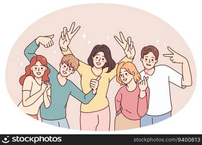 Portrait of smiling people posing together. Happy men and women have fun make diverse gestures. Friendship and unity. Vector illustration.. Smiling people have fun posing together