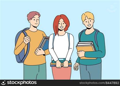Portrait of smiling students with book and backpacks satisfied with education course. Happy people with textbooks at college or university. Vector illustration.. Smiling students with backpacks and books