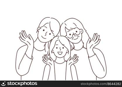 Portrait of smiling three generations of women posing together waving with hand. Happy girl child with mother and grandmother show family unity. Vector illustration. . Smiling three generations of women posing together 