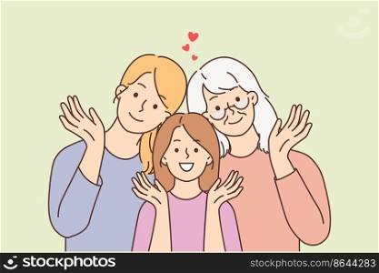 Portrait of smiling three generations of women posing together waving with hand. Happy girl child with mother and grandmother show family unity. Vector illustration. . Smiling three generations of women posing together 