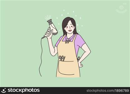 Portrait of smiling woman hair stylist pose with hairdryer scissors in salon. Happy young girl hairdresser work in beauty industry, hair treatment and procedures. Flat vector illustration, cartoon. . Smiling woman hairdresser posing with hairdryer