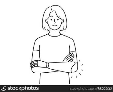 Portrait of smiling woman with hand prosthesis feeling optimistic and confident. Happy disabled girl with prosthetic arm. Disability. Vector illustration. . Smiling woman with hand prosthesis 