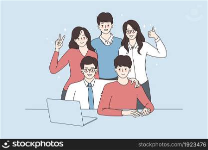 Portrait of smiling young diverse multiracial work team work together on computer. Happy multiethnic people employees pose for picture in office. Teamwork concept. Flat vector illustration. . Portrait of smiling employee team work on computer