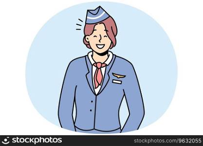 Portrait of smiling young female stewardess in uniform. Happy woman flight attendant feeling optimistic and positive. Occupation. Vector illustration.. Smiling woman flight attendant in uniform