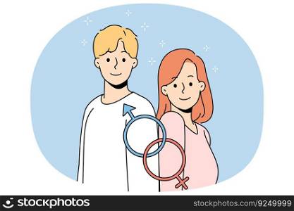 Portrait of smiling young man and woman with gender identity signs. Joint mars and venus symbols. Concept of equality, discrimination and diversity. Flat vector illustration.. Smiling man and woman with gender identity signs