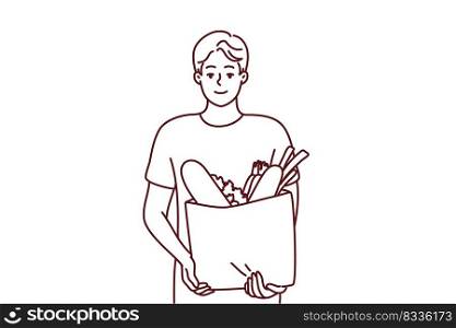 Portrait of smiling young man with bag with groceries. Happy guy holding package with goods and products. Shopping and nutrition. Vector illustration. . Smiling man holding bag with groceries 