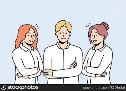 Portrait of smiling young professionals in uniforms feeling successful and confident. Group of work specialists or staff in formal wear. Vector illustration. . Smiling group of professional posing together 