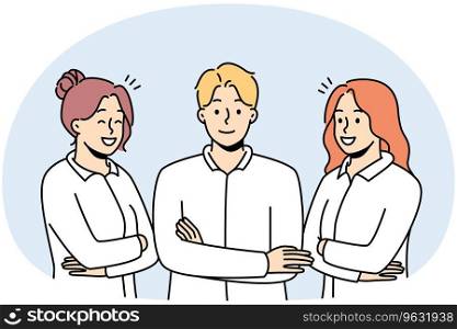 Portrait of smiling young professionals in uniforms feeling successful and confident. Group of work specialists or staff in formal wear. Vector illustration.. Smiling group of professional posing together