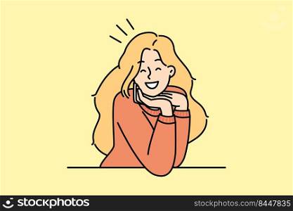 Portrait of smiling young woman look at camera feeling optimistic and joyful. Happy millennial girl posing indoors. Vector illustration.. Portrait of smiling girl looking at camera